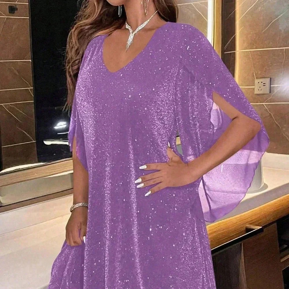 Purple Party Women's Sparkly Flare Sleeves Dress - Picture 4 of 8